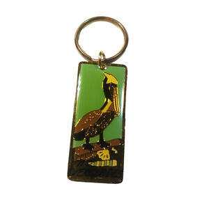 Pelican Enameled Metal Keychain Green White Brown Gold Tone